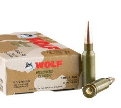 20 Rounds of 6.5mm Grendel Ammo by Wolf Military Classic - 100 gr FMJ